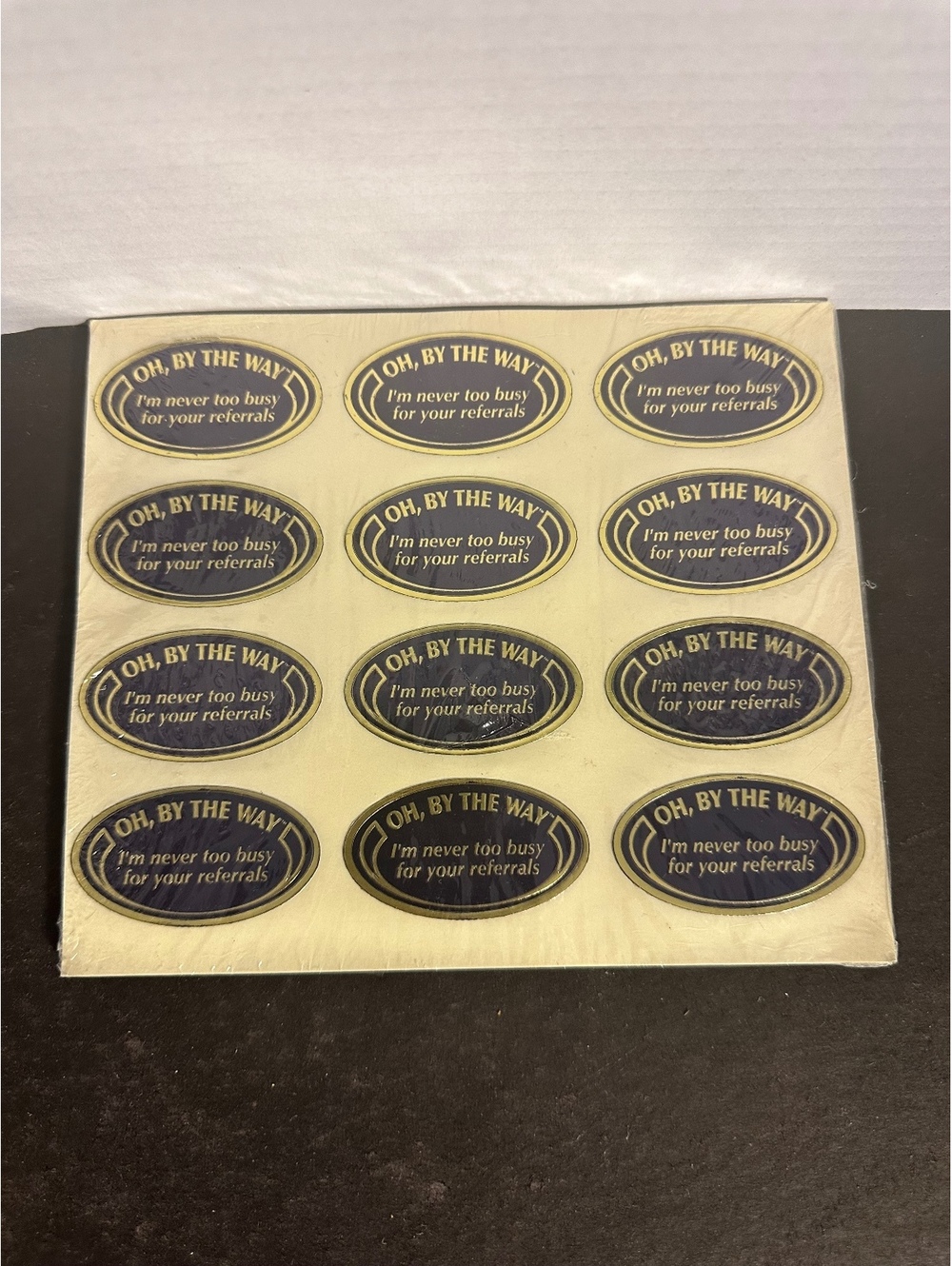 Business Referral Stickers Oh By The Way 12 Gold Black Oval Sealed Sheet